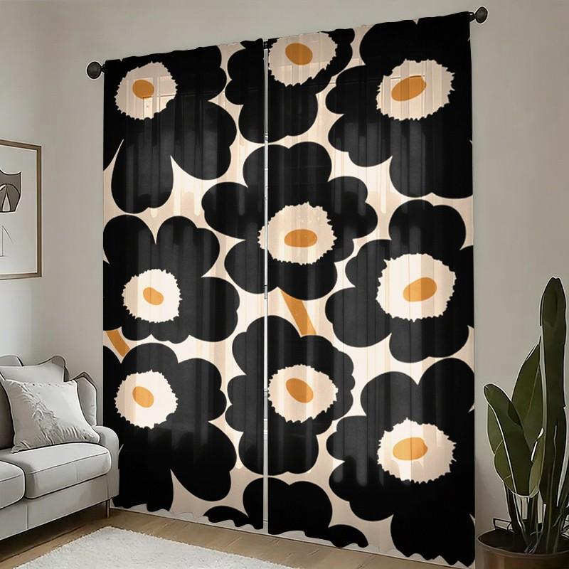 2-piece Spring & Summer Flower Cartoon Print Rod Pocket Curtains, Modern Knit Polyester Curtains, Suitable for Bedroom, Kitchen, Office, Living Room - Machine Washable, Versatile Room Decor, Living Room Curtains