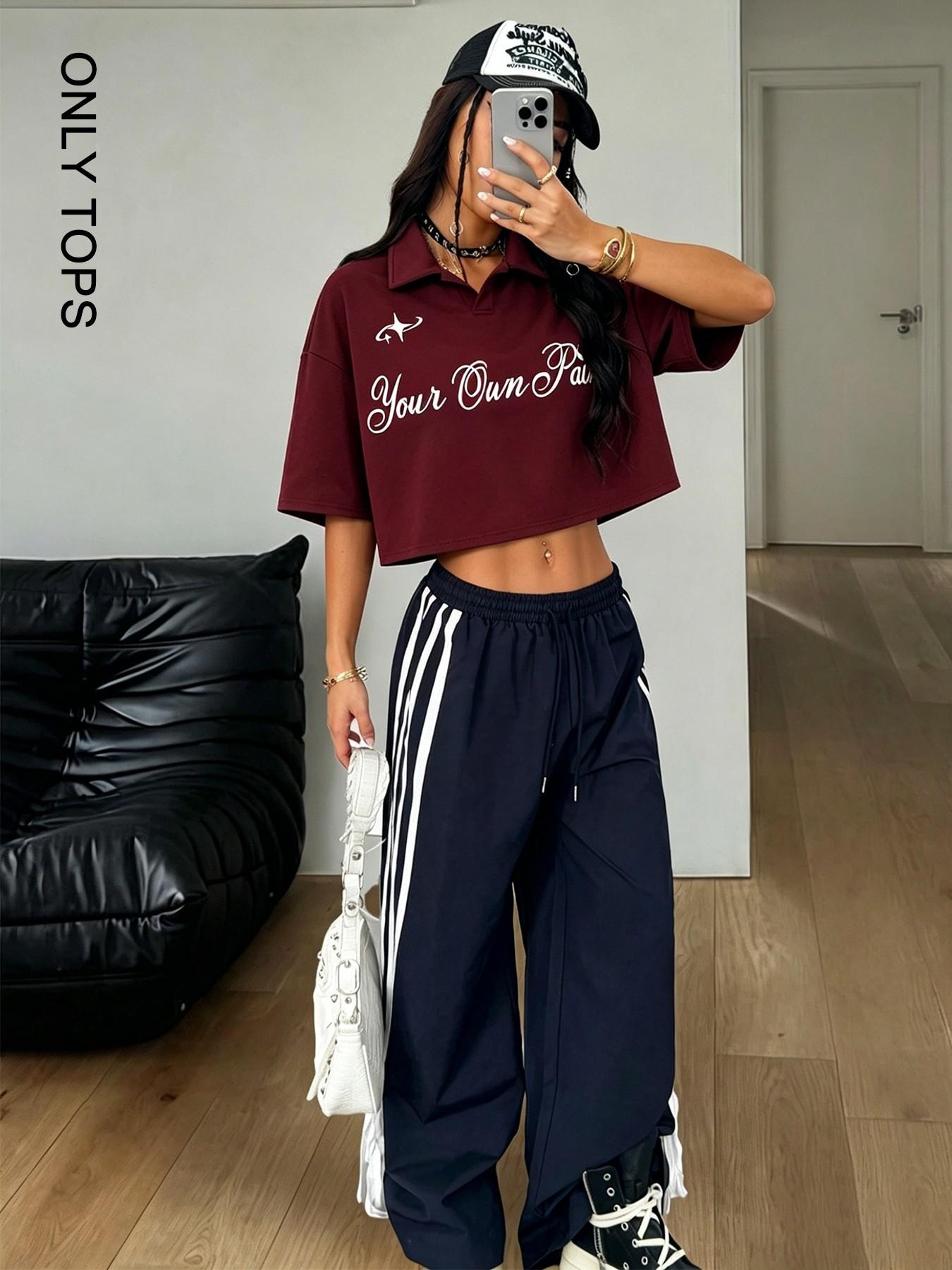 Women's Vintage Collar Polo Shirt, Y2K College Style, Hip-Hop Star Letter Print, Loose Fit, Streetwear, Gym, Party