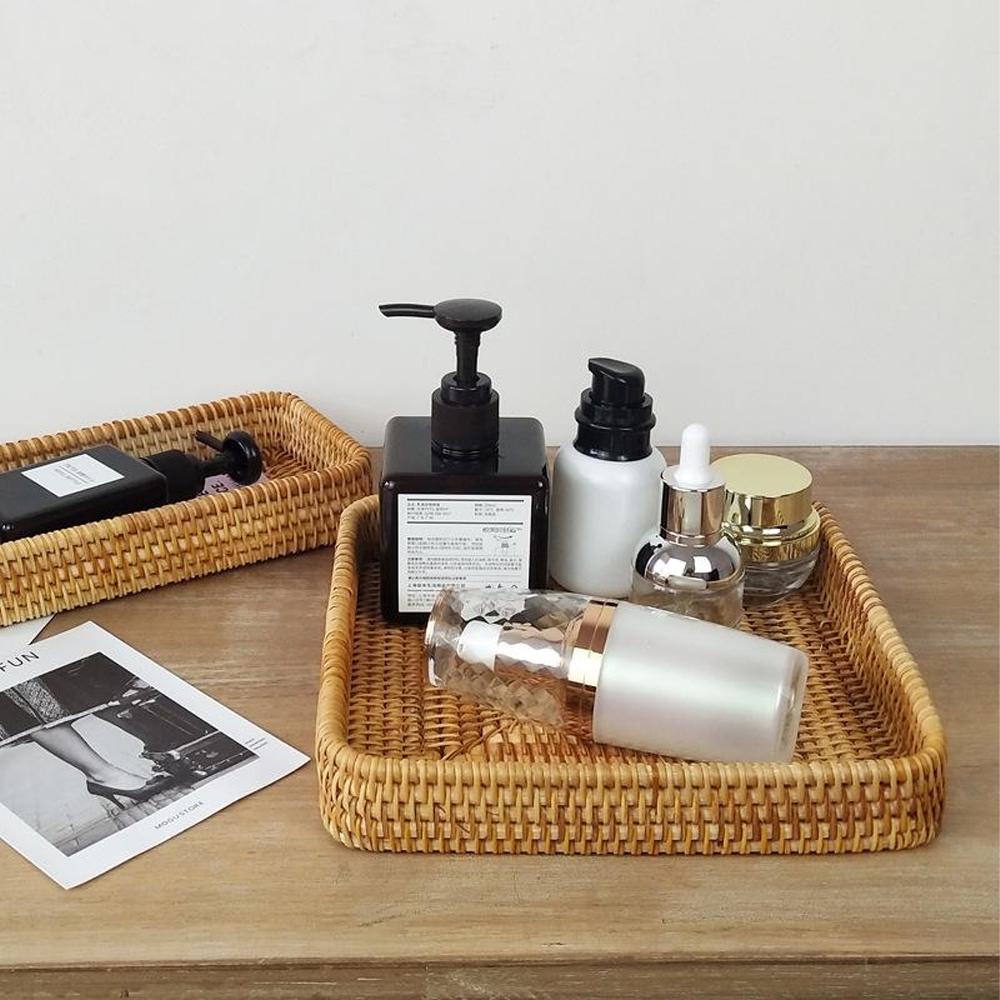 Woven Storage Basket, Bamboo Bread Fruit Snack Nuts Sundries Key, Rectangular Serving Tray for Home Living Room Coffee Shop