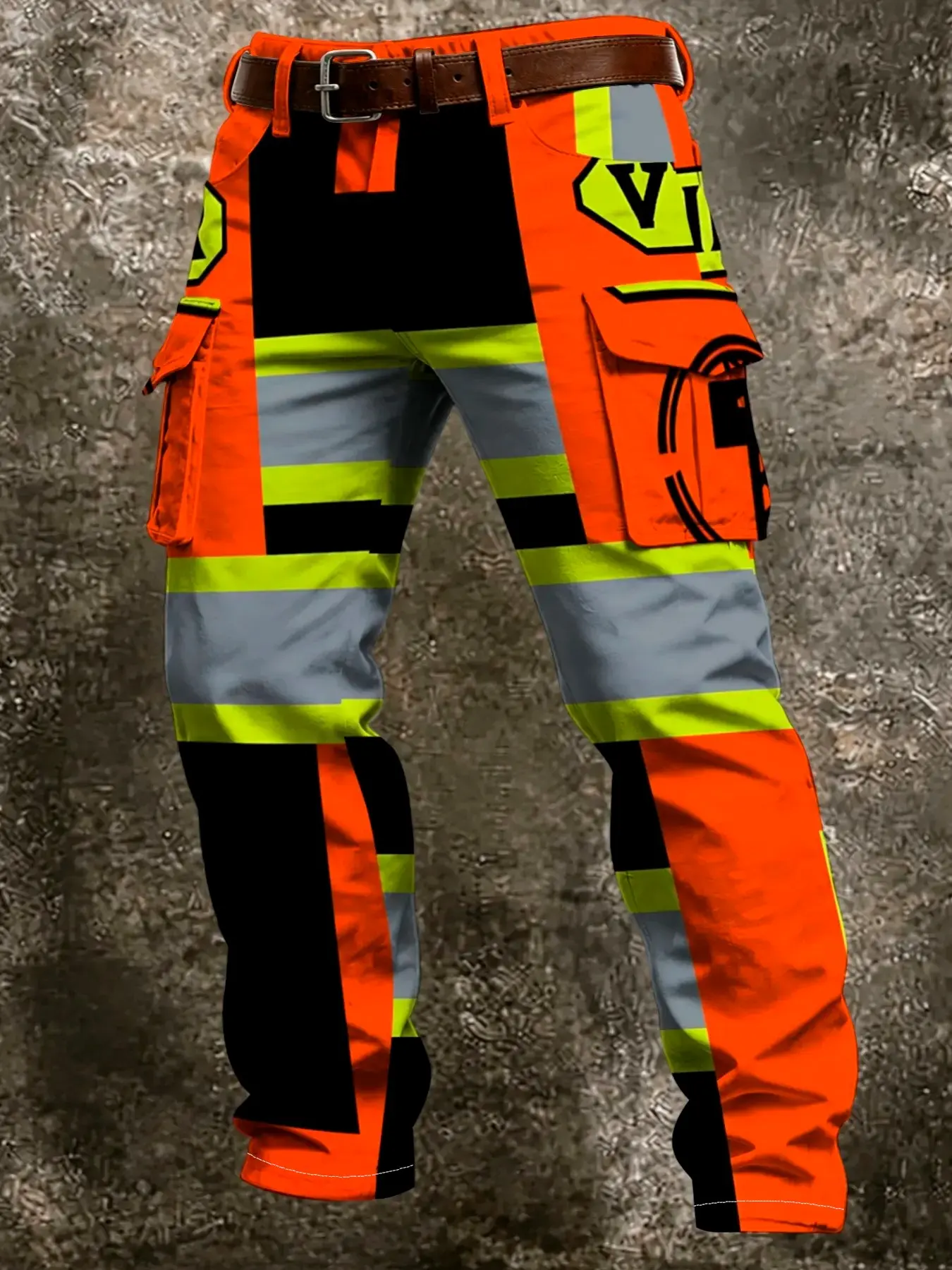 Men's Work Pants, Multi-Pocket Loose Straight Leg, Stripes, Outdoor Safety Warning, High Visibility, Casual Long Pants