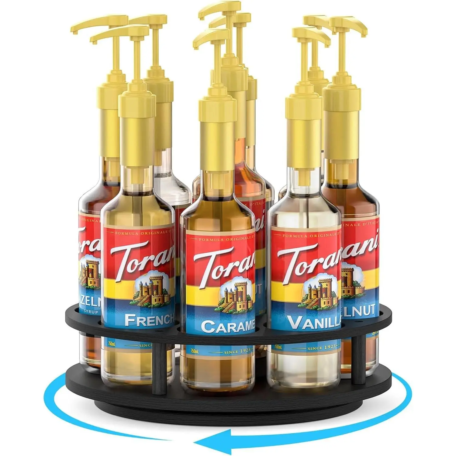 Rotating Coffee Syrup Organizer for Countertop, 9-Bottle Wooden Syrup Rack & Bottle Holder for Coffee Bar Station, Turntable Display Stand, Black