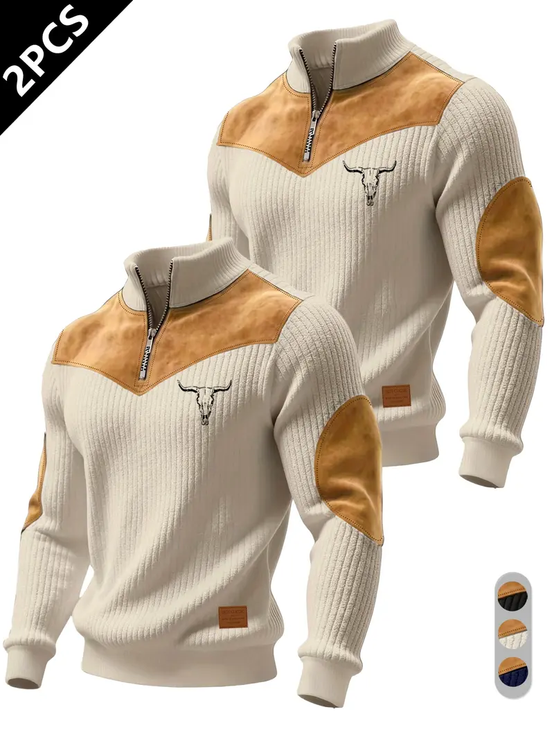 Men's Half-Zip Stand Collar Knit Top, Suede Texture Shoulder Patches, Bull Head Print, Slim Fit, Retro American Style, Casual Wear, Knitwear Men's Half-Zip Stand Collar Knit Top, Suede Texture Shoulder Patches, Bull Head Print, Slim Fit, Retro American Style, Casual Wear, Knitwear