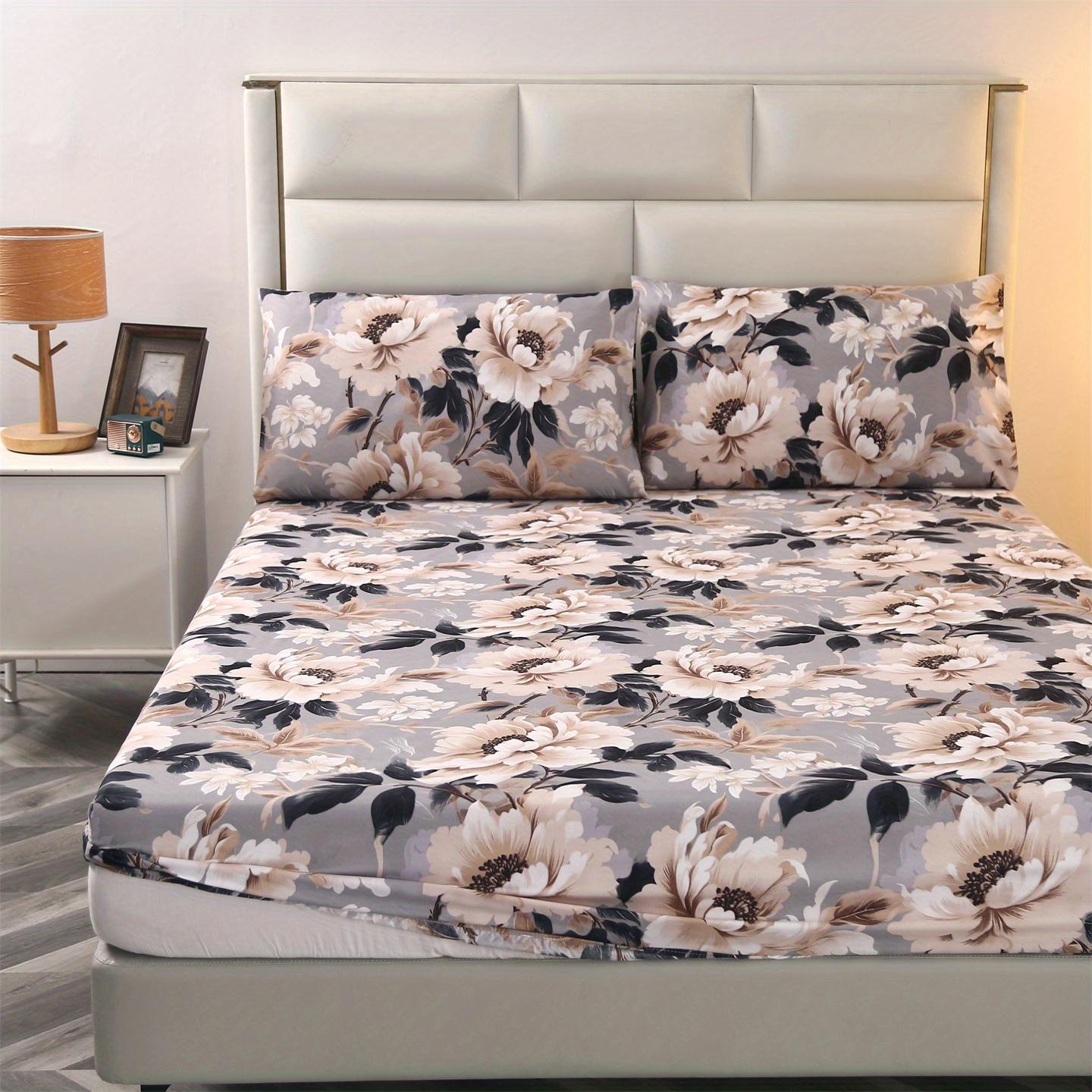 3pcs Floral Print Bedding Set, Floral Sheets, Soft and Comfortable, Suitable for Bedroom, Guest Room, Includes One Fitted Sheet + Two Pillowcases, No Core, Bed Sheet Replacement, Fitted Sheet With Pillowcases, Printed Floral Design, Comfortable Sheet Set