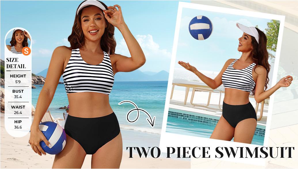 Holipick Women High Waisted Two Piece Bikini Sports Crop Top Swimsuit Scoop Neck Bathing Suit for Teen Girls with Bottom