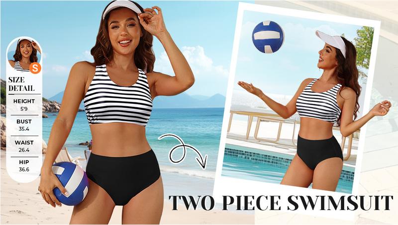 Holipick Women High Waisted Two Piece Bikini Sports Crop Top Swimsuit Scoop Neck Bathing Suit for Teen Girls with Bottom
