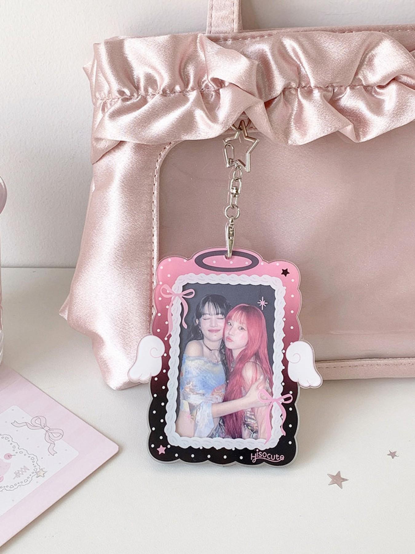 Sweet Girl 3 Inch Angel Wings Keychain Card Holder, Student Hollow Out Visible Small Card Display Case, Idol Fan Accessory, Id Holders For Badges, Id Badge Holder, Badge Accessories