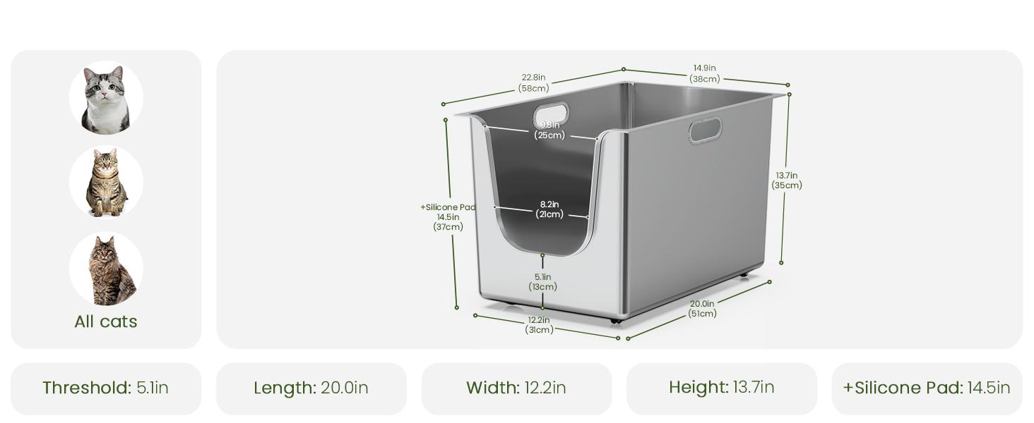 Ptlom High Side Stainless Steel Cat Litter Box, Extra Large, Anti-Leakage, Non-Sticky, Easy Cleaning, - Pet Supplies