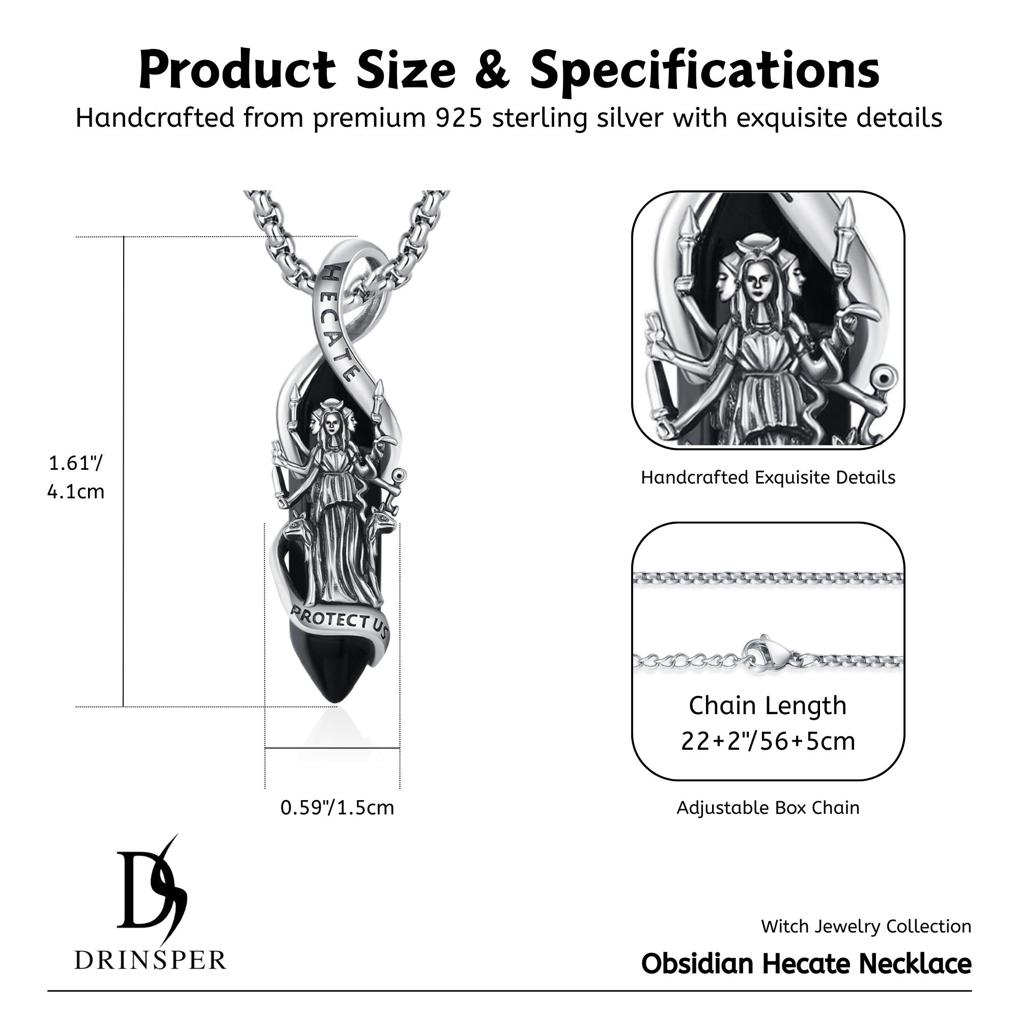 DRINSPER Obsidian S925 Hecate Necklace, The Goddess of Magic Night and Witchcraft, Devotion Jewelry, 925 Sterling Silver Pendant with Obsidian Gemstone, Acient Greek Mythology Jewelry for Pagan for Women