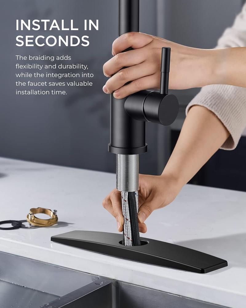 FORIOUS Black Kitchen Faucet Stainless Steel with Pull Down Sprayer Portable Pull Out Sink Faucet Single Handle High Arc Kitchen Faucet