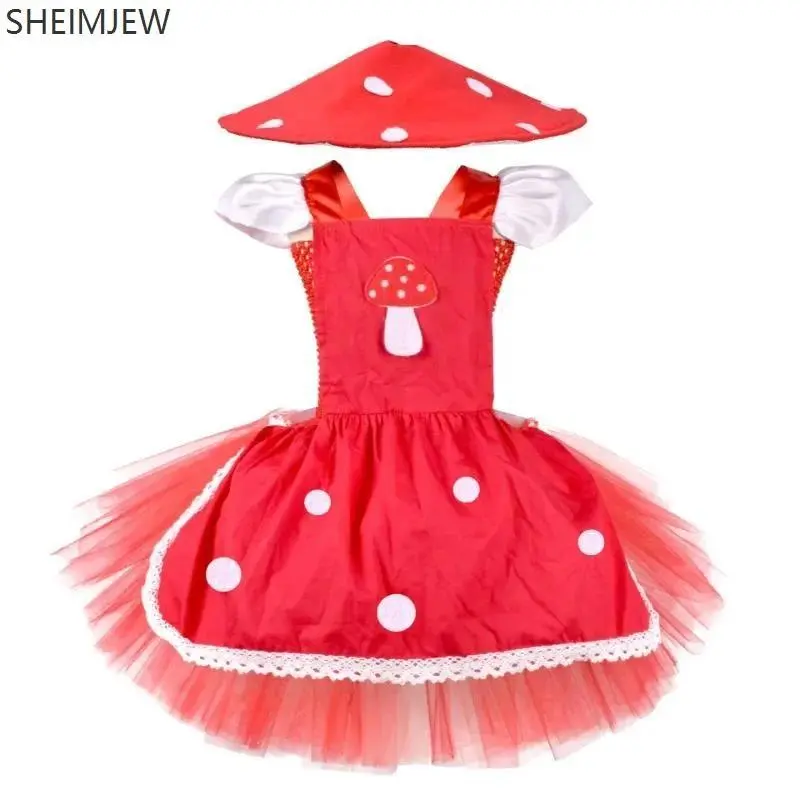 Girls Mushroom Skirt Halloween Mushroom Carnival Party Costume Cute Children Birthday Party Cosplay Red Dress Set Lollita Ballet