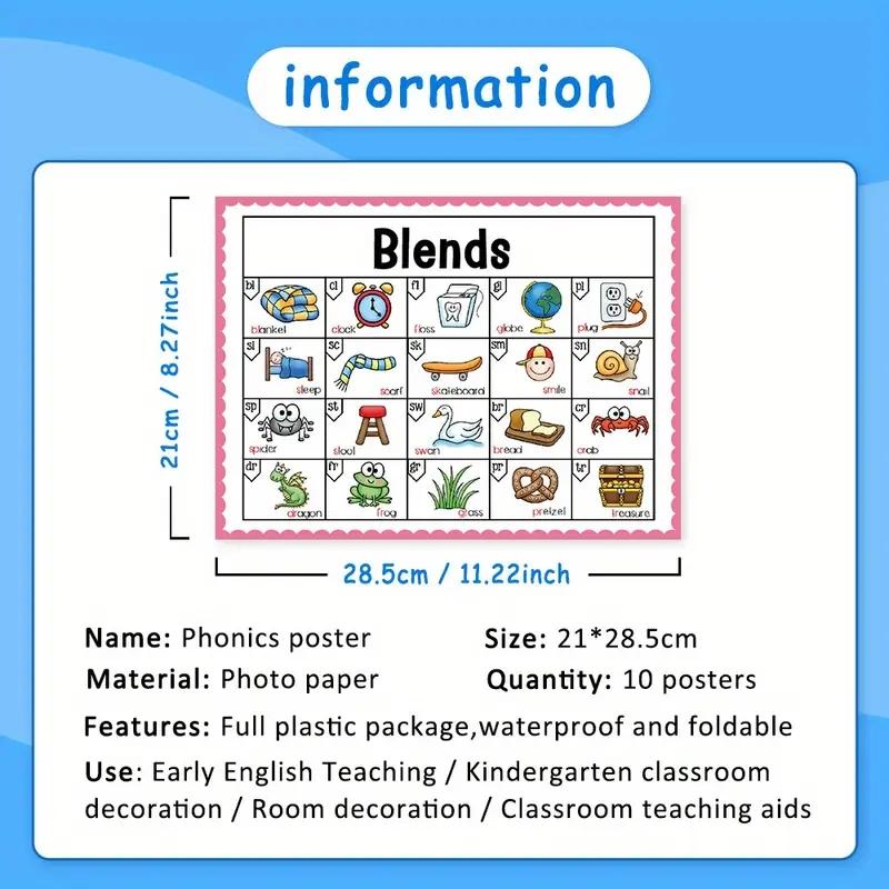 10 Pcs Natural Reading Phonics Learning Posters, Early Education Word Cards, Classroom Wall Art, Educational Materials for Kids, Classroom Supplies Charts