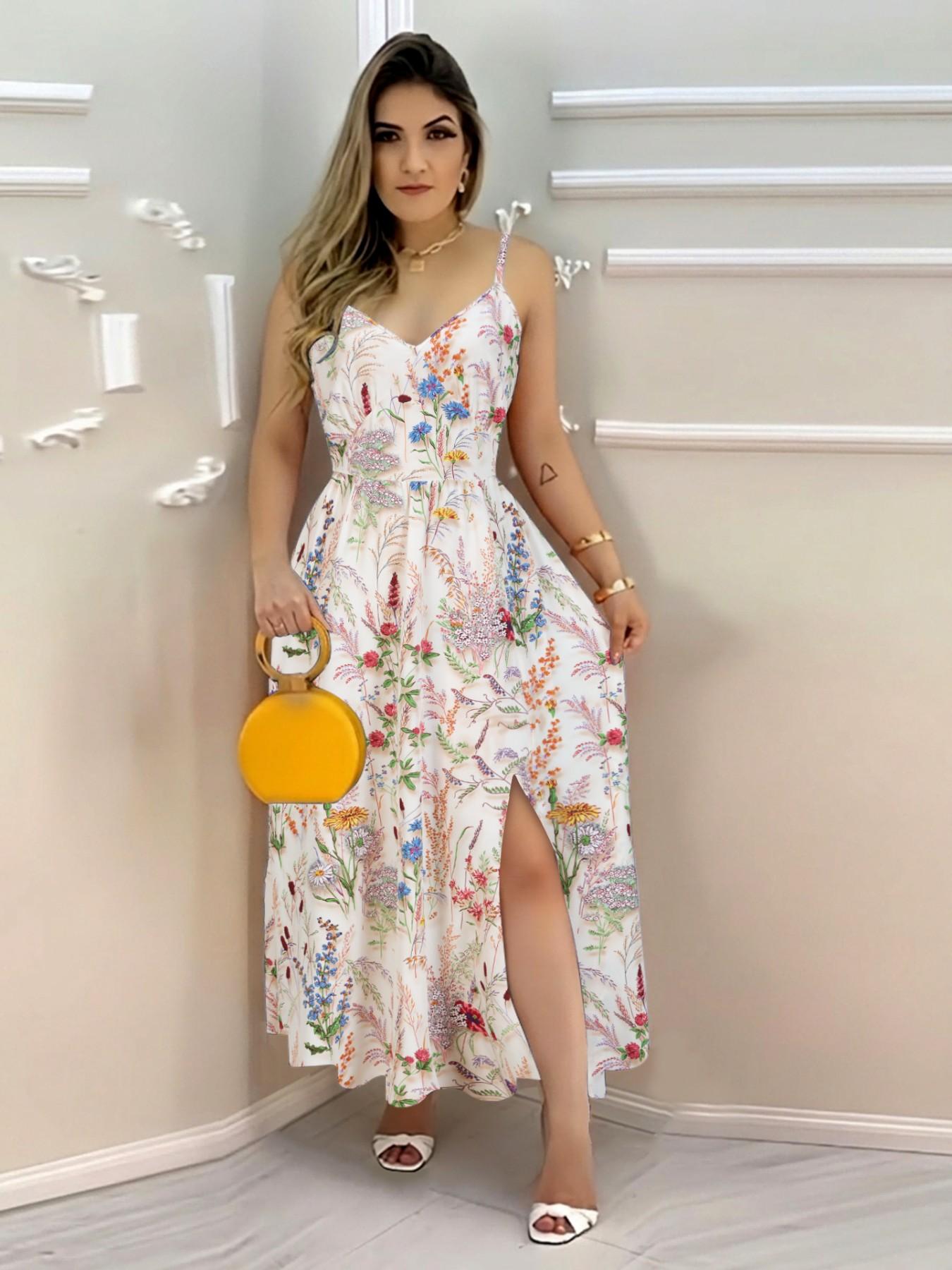 Boho V-Neck Print Dress for Women, Sleeveless Waist-Tied Split Design, Summer Fashion Long Dress, Elegance, Perfect for Parties and Vacations, Boho Style Dress