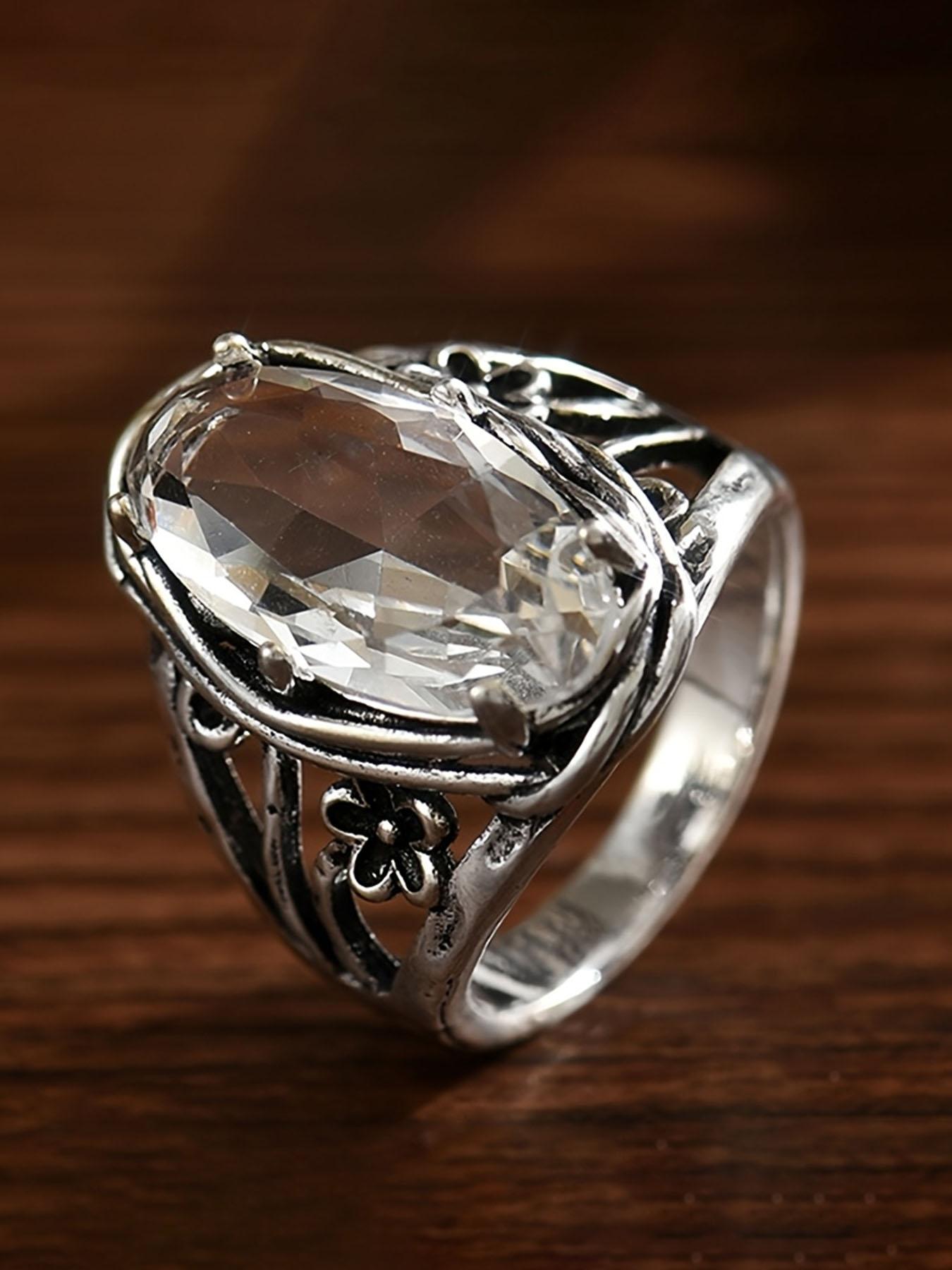 Boho Style Women's Ring, Vintage Ethnic Oval Zircon Hollow Flower Design, Versatile Party Jewelry, Unique Personalized Accessory, Boho Style Rings