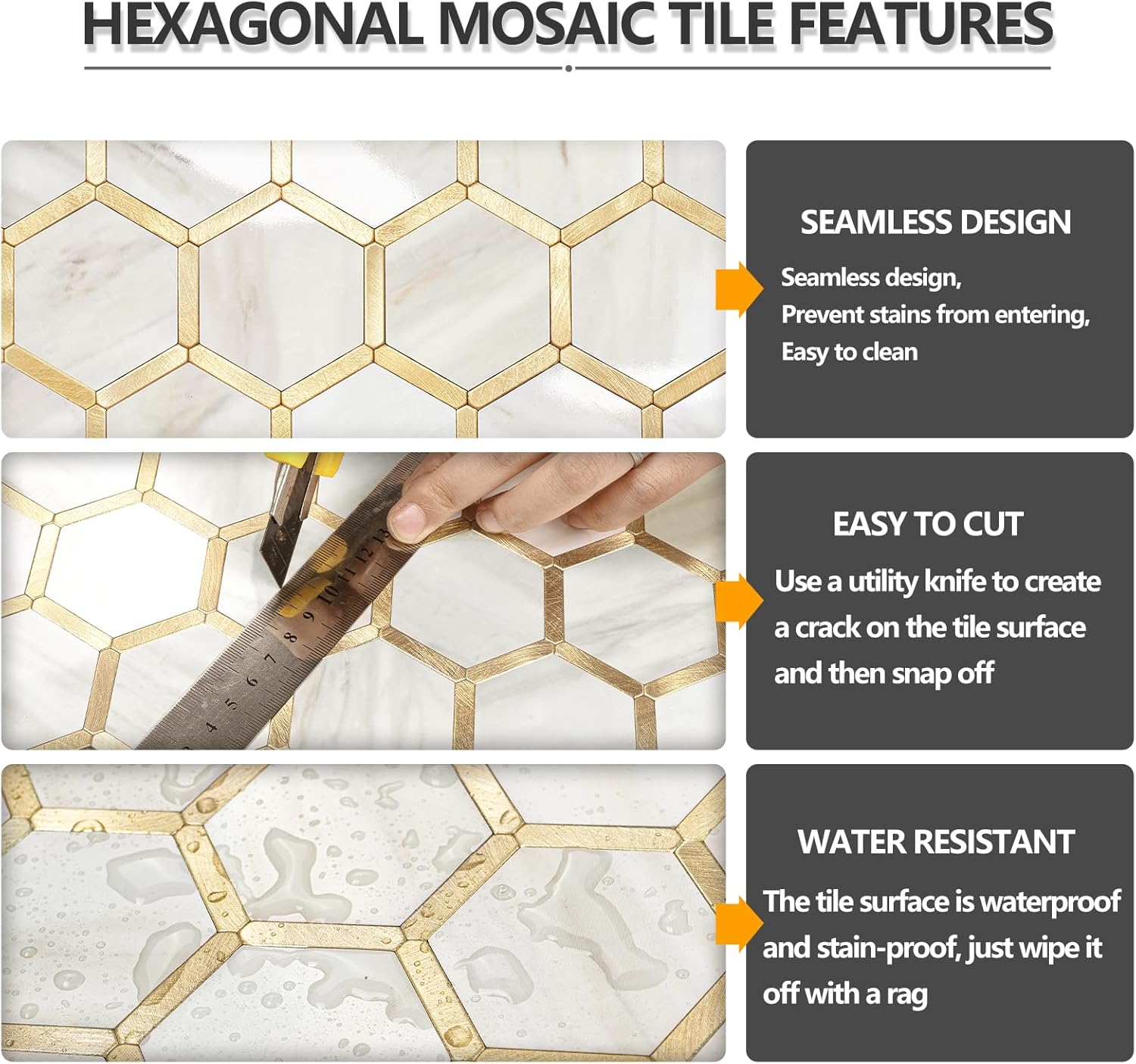 STICKGOO 10Pcs Hexagon Waterproof Metal Peel and Stick Backsplash, Stick on Backsplash for Kitchen/Bathroom Ornaments - Beige Decorating Decorative