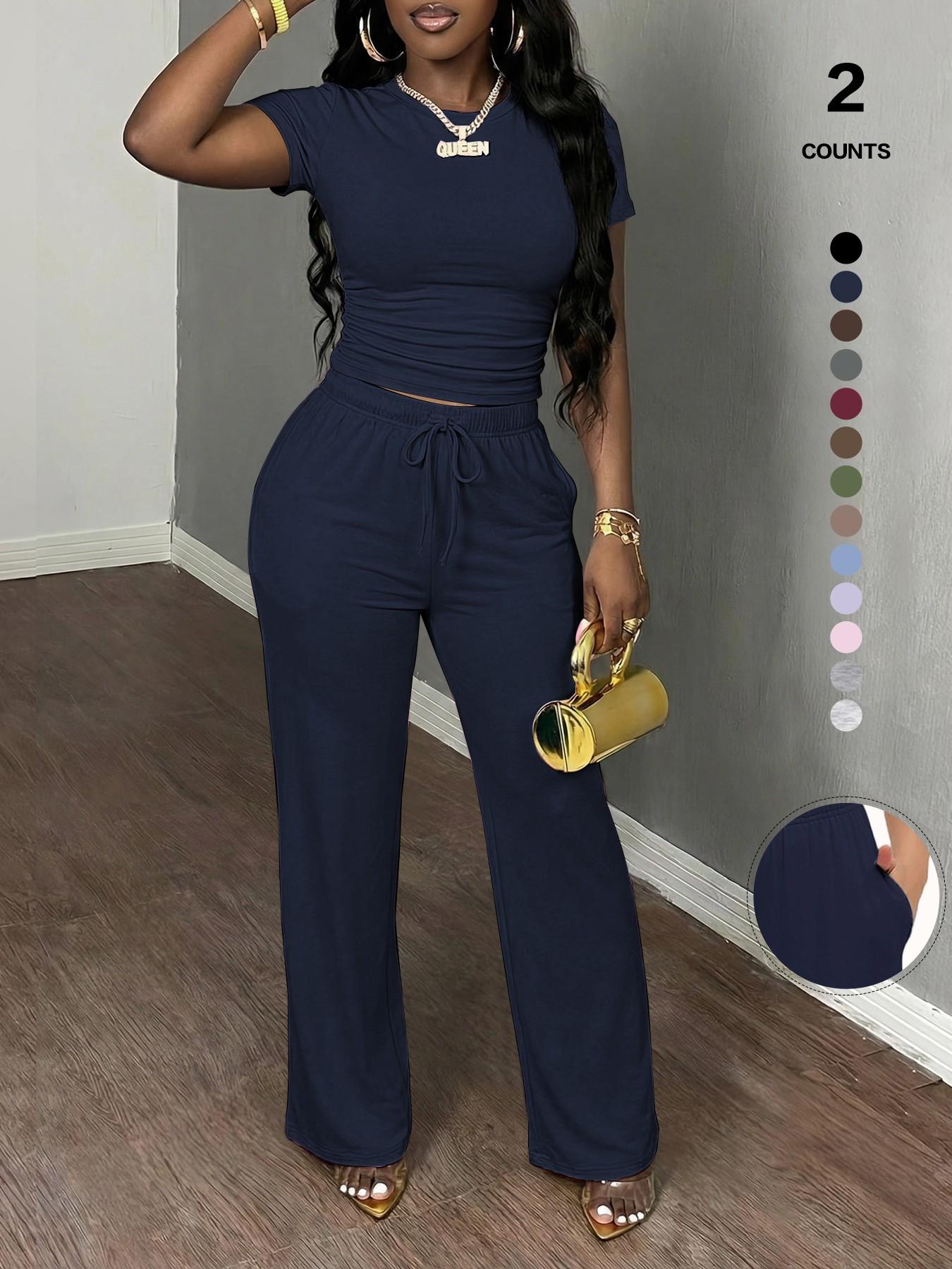 Women's Spring Summer Casual Set, Round Neck Short Sleeve Top & Wide Leg Pants, Slim Fit Home Wear, 2 Piece Comfortable, Casual Fashion Set