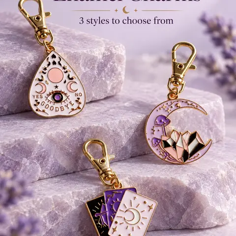3PCS Goth Witchy Mystical Enamel Bag Charm Pendants, 3 Occult Styles Ouija Planchette, Crescent Moon, Mushroom Tarot Charms with Gold Clasp, Wiccan Spiritual Bag Chain Decoration for Purse Backpack Car Keys, Halloween Christmas & Thanksgiving Gift