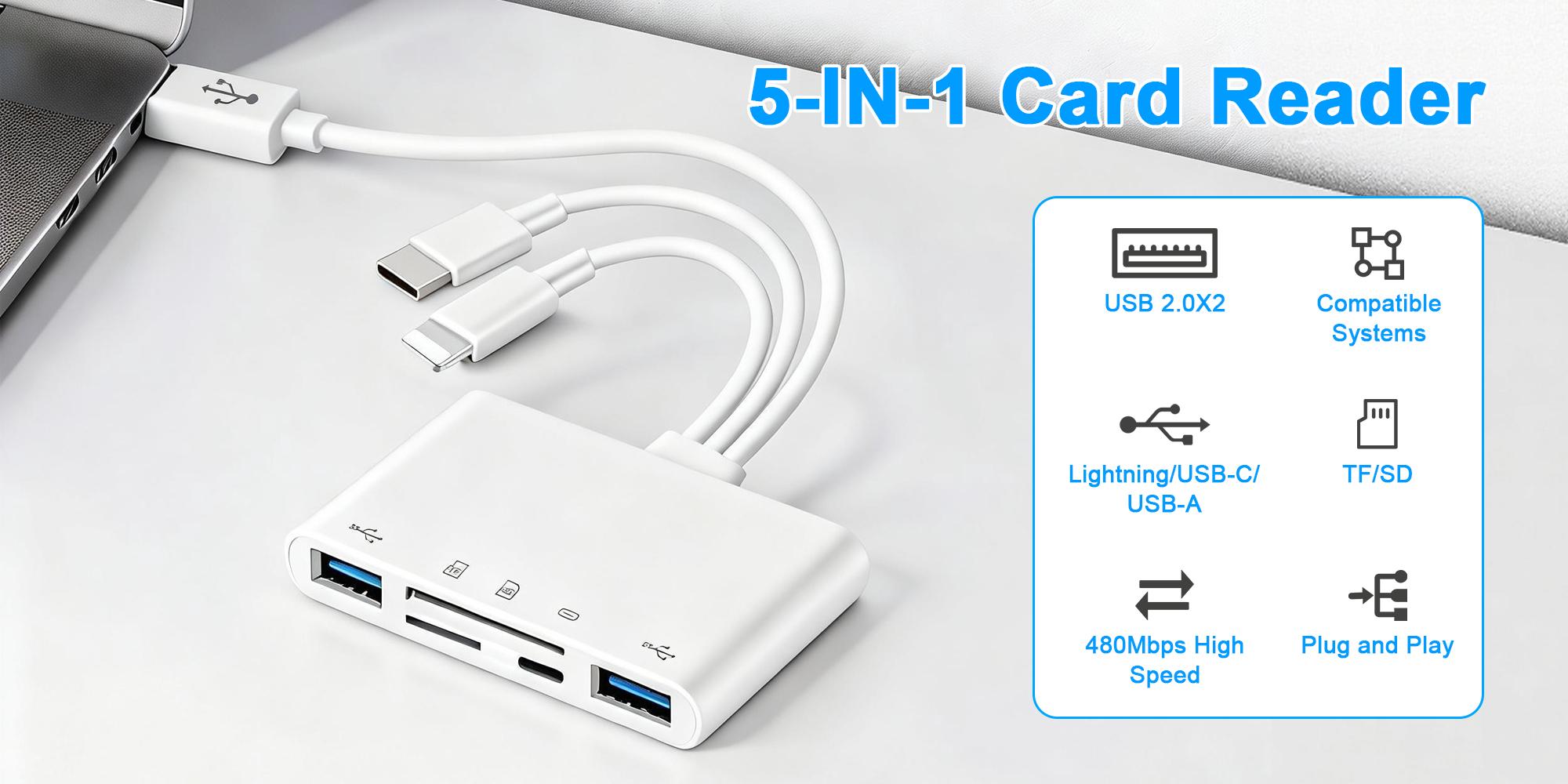 5-in-1 Memory Card Reader,USB OTG Adapter & SD Card Reader for iPhone/iPad/Android,USB-C and USB-A Devices with Micro SD & SD Card Slots,Supports SD/Micro SD/SDHC/SDXC/MMC