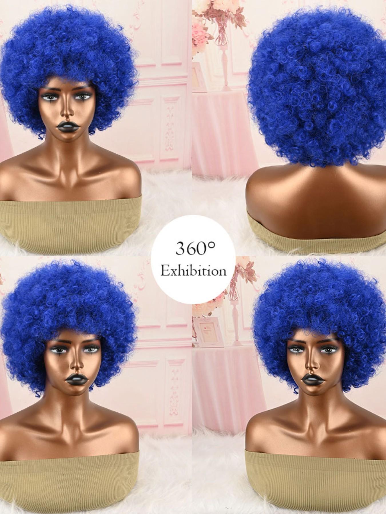 Bright Blue Fluffy Afro Synthetic Wig With Bangs High Temperature Fiber Short Kinky Curly Full Wig 70s Retro Style Afro Wigs For Cosplay Party Festival Photoshoot