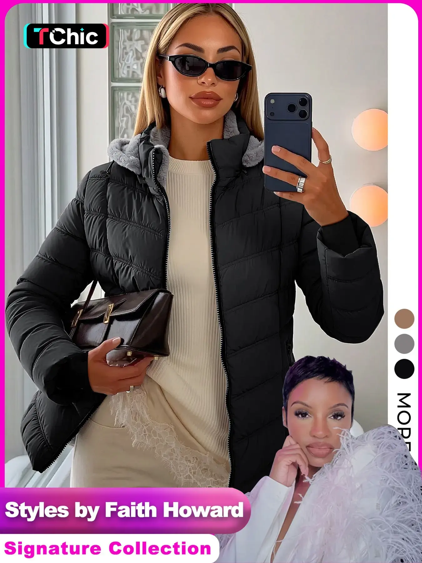Styles by Faith Howard Women's Fall Winter Hooded Puffer Jacket, Casual Simple Design, Fashion Zippered Pocket Coat, Styles by Faith Howard Geschallino