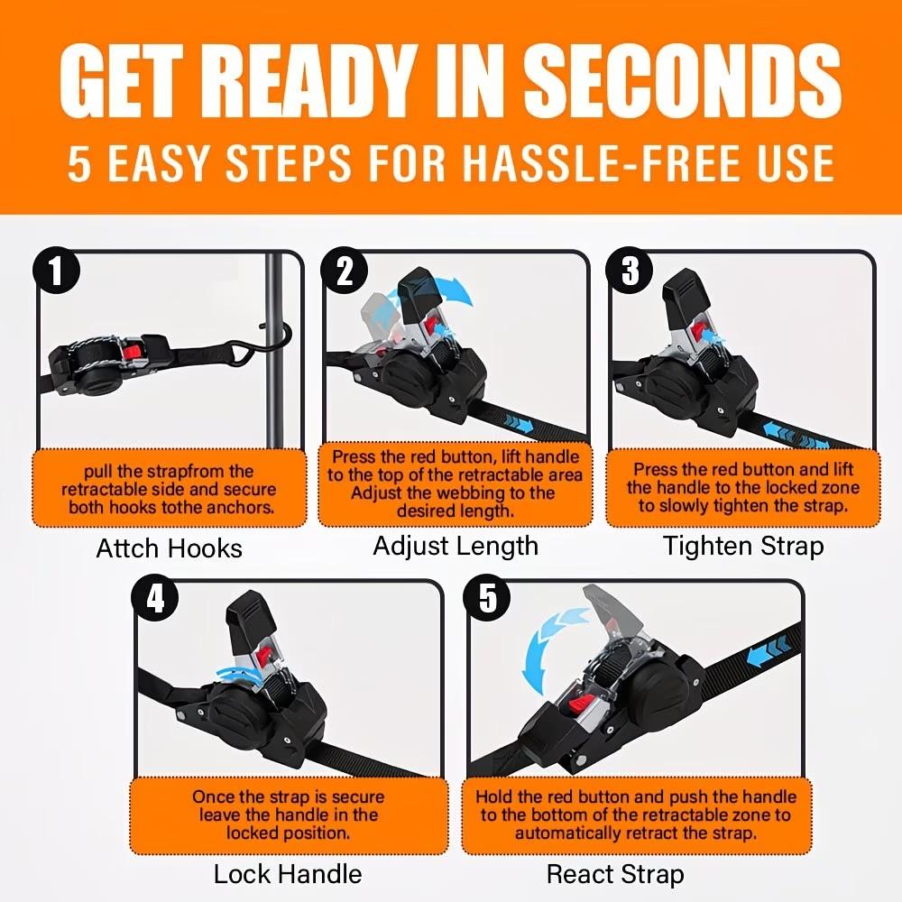 Automatic Retractable Ratchet Strap, Speed Control Hook Lock Buckle, Storage Bag for Cargo Fixing, Motorcycle Transport, Christmas Gift