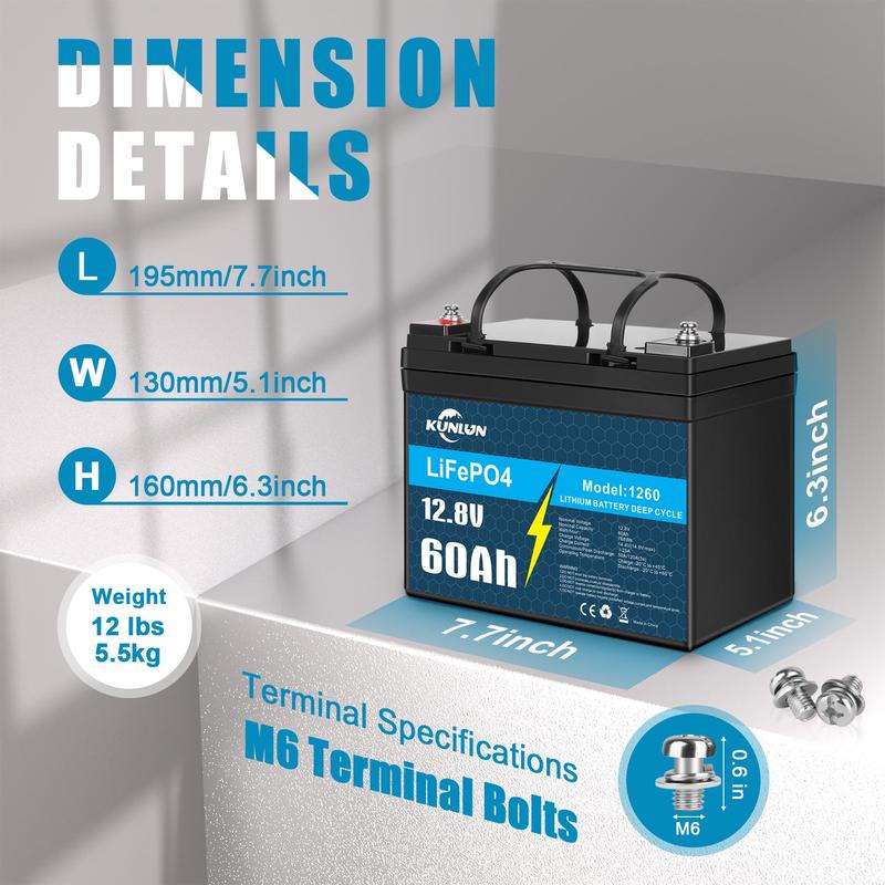 KUNLUN 12V 60Ah LiFePO4 Lithium Battery with Built-in BMS, 4000+ Deep Cycles & EV-Grade Cells, IP65 Waterproof, Safe Power for Solar, Camping, Off-grid Sets, Fish Finder,  Home Energy Storage
