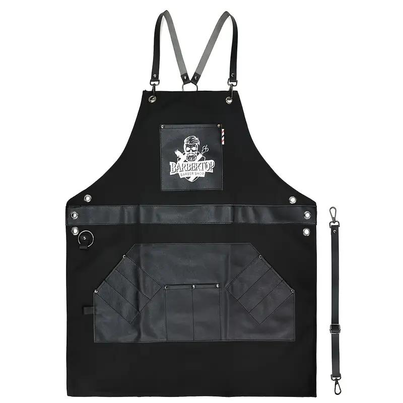[Barber Apron] One Durable and Practical Barber Apron - Anti-Static Synthetic Synthetic Leather, Available in Two Colors with Adjustable Straps, Multiple Pockets for Hairdressing Tools Gift Black