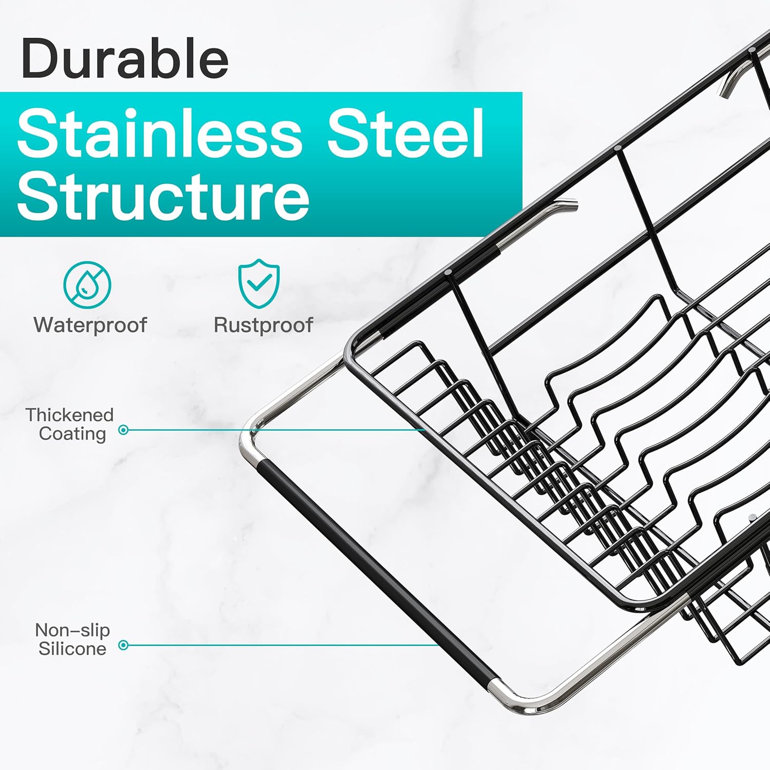 Dish Drying Rack for Sink, Expandable Stainless Steel Dish Drainer with Utensil Holder, Silver Over Sink and Inside Sink Dish Dryer Rack for Plates, Bowls, Cups and Kitchen Counter Storage
