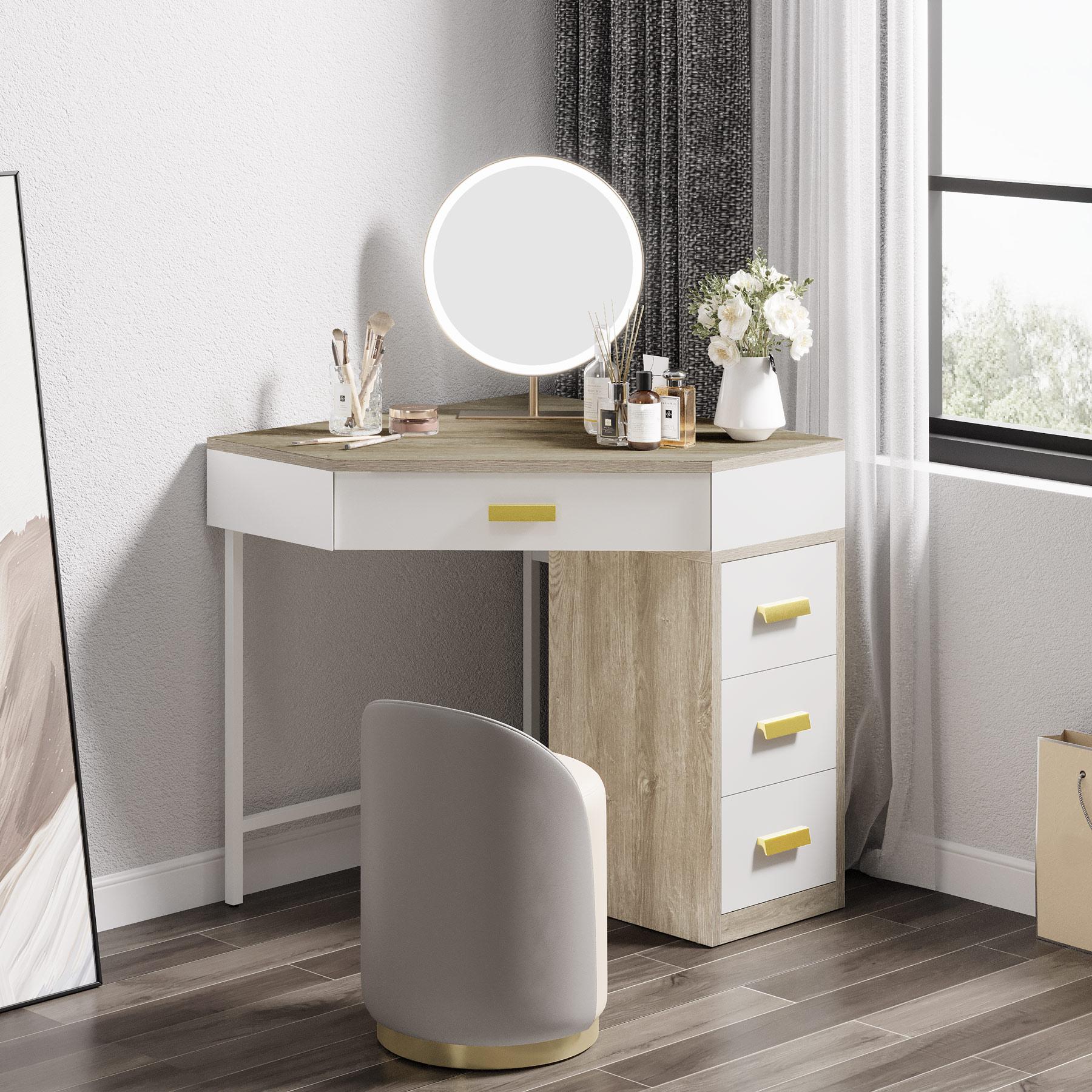 TRIBEWOOD Corner Desk, Triangle Computer Desk with 3 Drawers, 90-Degree Writing Desk PC Table Makeup Vanity Desk with Storage for Home Office, Living Room, Bedroom