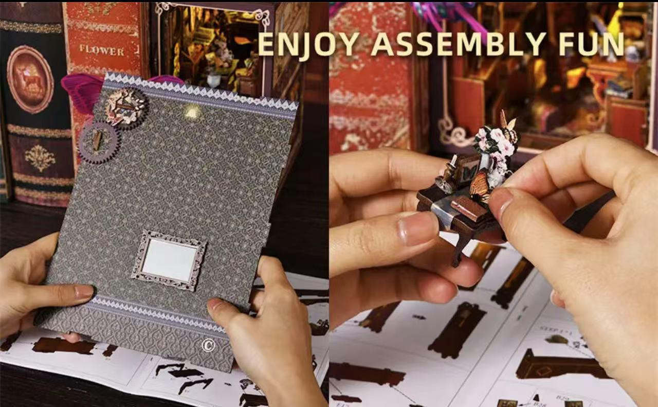 DIY Book Nook Kit 3D Wooden Puzzle Miniature Toy House Book Corner Kit Bookshelf Block Bookshelf Insert Decoration With LED Lights and Glue Suitable for Adults and Teens (Butterfly Collection Room)