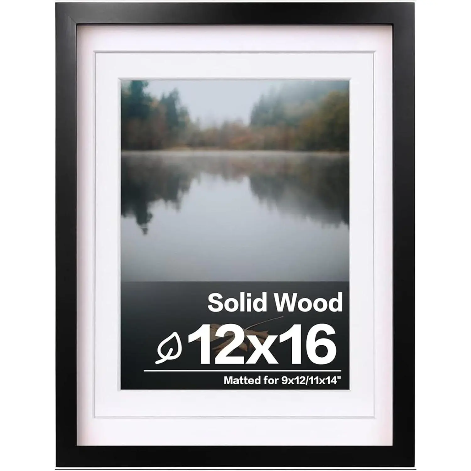 12x16 Black Solid Wood Picture Frame with Plexiglass, Display 9x12 or 11x14 with Mat, 12x16 Without Mat, Wall Mounting Photo Frame