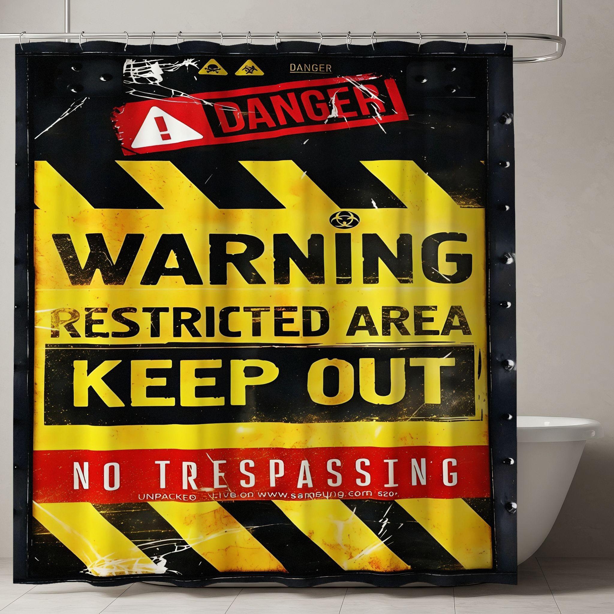 Industrial Caution Shower Curtain, Danger Banner, Biohazard Symbol, Warning Text, & Stripes, Halloween Decor, Safety Theme