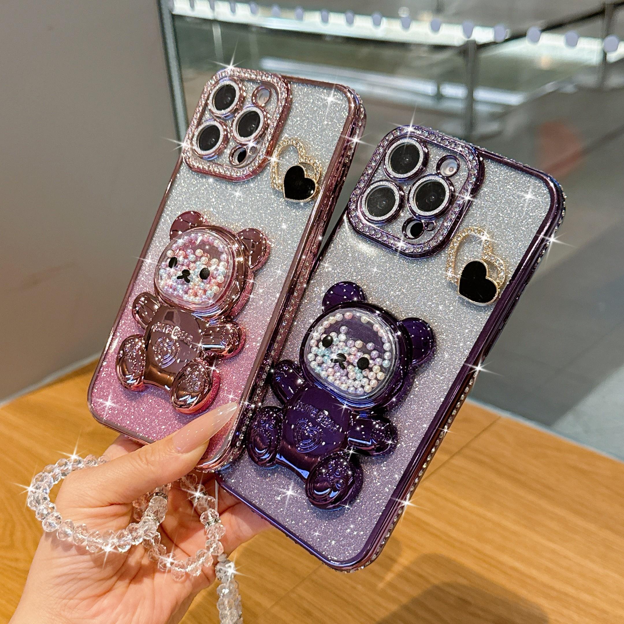 Luxury Blue Bear Stand Phone Case, Gradient Sand Anti-Drop Protection, Crystal Lanyard, Fits iPhone 17pro Max 16pro 15 14 13 12 11