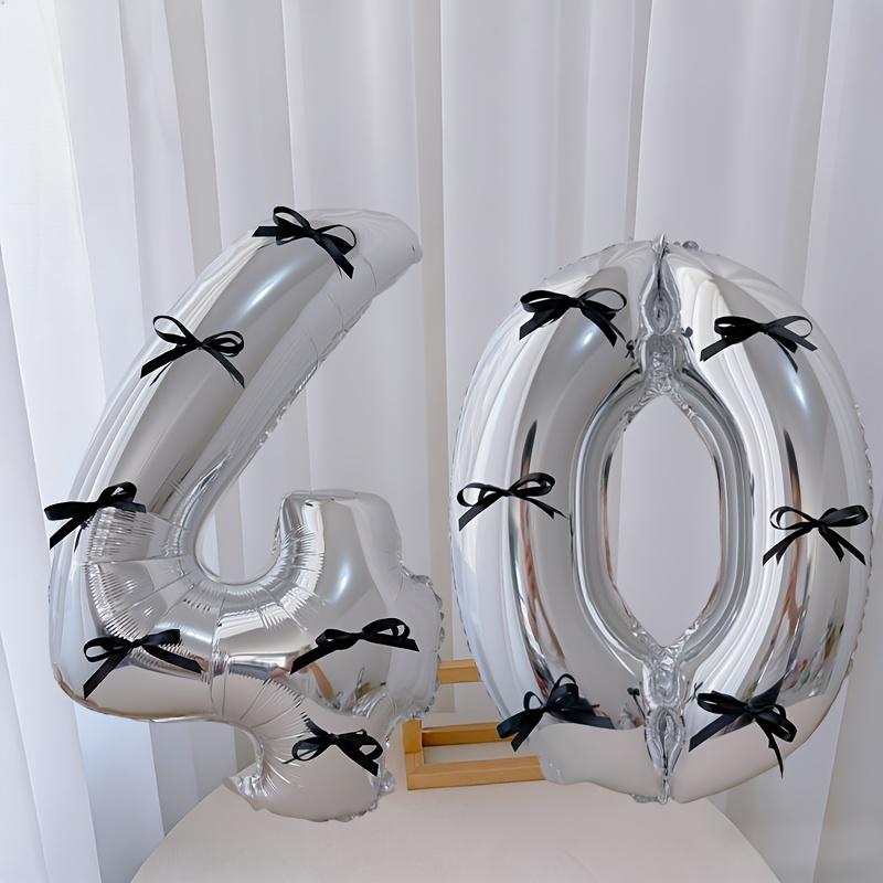 15pcs black bow style silver aluminum foil balloon set, including 2 balloons, 12 black bows and glue, suitable for birthday parties, Birthday decorations, graduation ceremony decoration and photo props