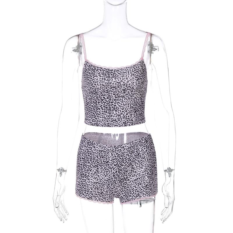 Sexy Casual Leopard Print Cami Top & Mid Waist Shorts Two Piece Set Contrast Lace Straps Trim for Women Summer Beach Vacation Outfits Party Dating Y2K Bodycon Suits