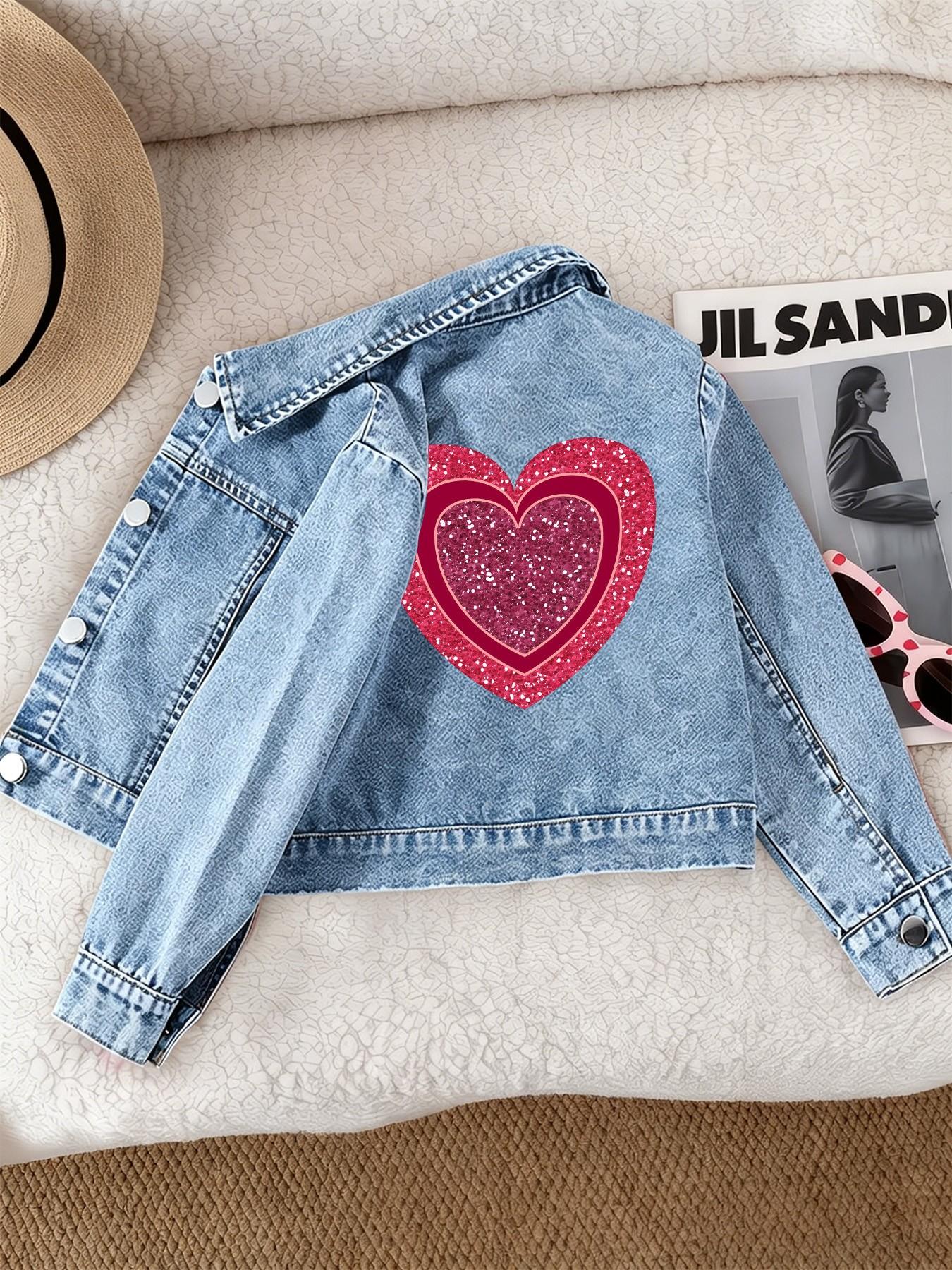Girls' Casual Fashion Denim Jacket, Shiny Heart Pattern, Comfortable Fit, Suitable for School and Dates, Ages 12 and Under
