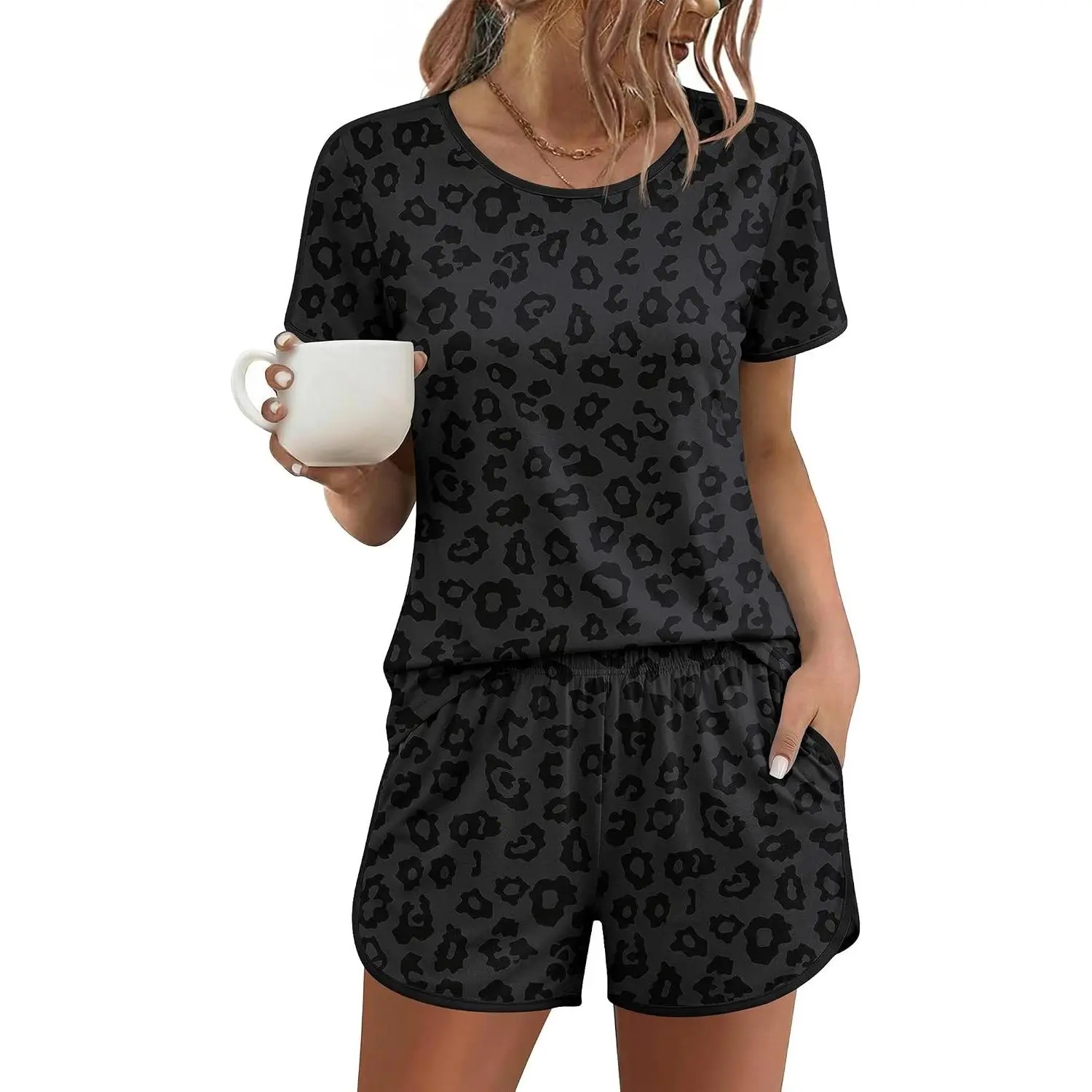 Womens 2 Piece Pajama Sets Soft Summer Sleepwear Lounge Sets S-XXL, Short Sleeve Top and Side Split Shorts with Pockets, Round Neck Casual Loungewear for Sleepovers, Gifts, PartyGift