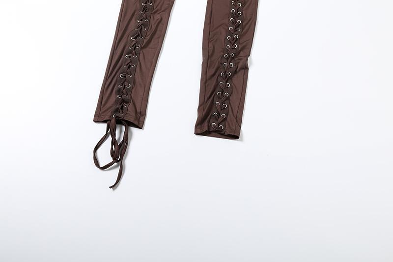 DOUCIU Trendy Personality High Street Hip Hop Cool Tight Sexy Hot Versatile Women'S Thin Solid Color Vest With Adjustable Drawstring Perforated Trousers Two-piece Set Stretchy Outfit Sets