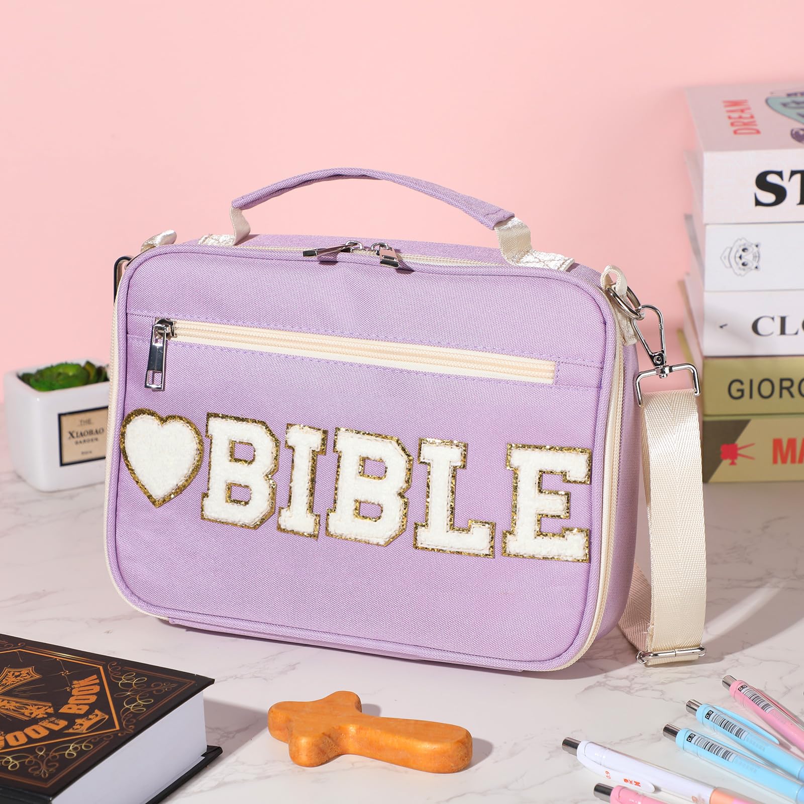 Bible Case for Christian Girl, Cute Bible Case Chenille Letter Bible Cover Case with Shoulder Strap Canvas Tote Carrying Bag Gift for Christian Teenagers Girl Student, Bible Study Supplies, Church Tote Bag, Easter Gift for Christian Daughter