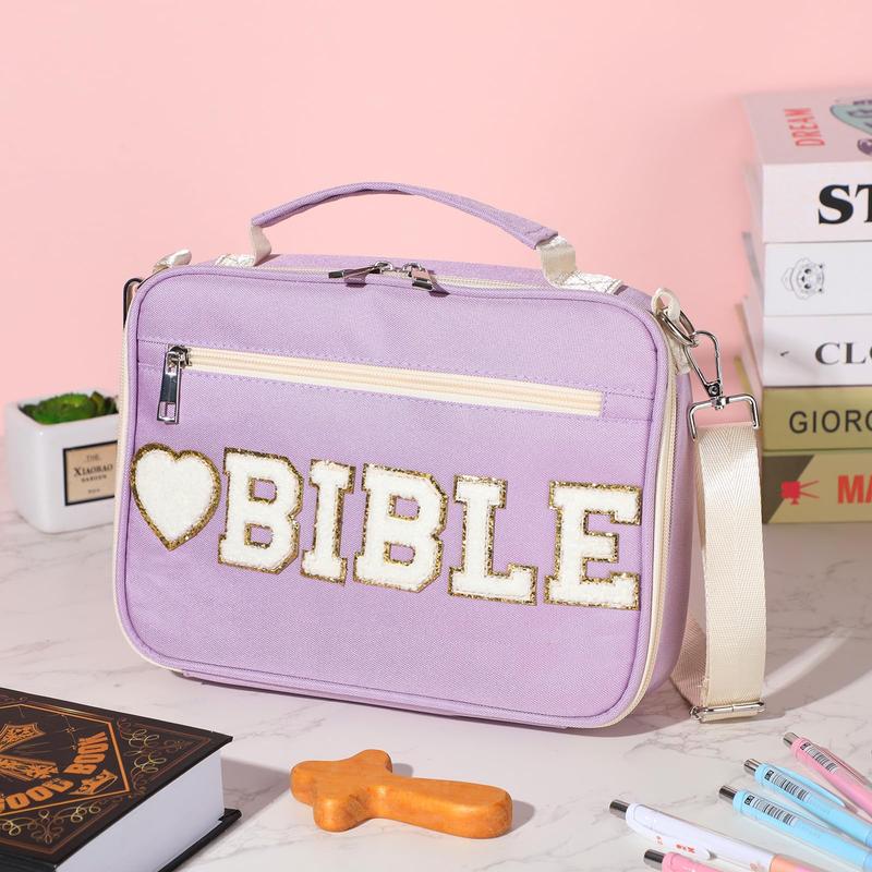 Bible Case for Christian Girl, Cute Bible Case Chenille Letter Bible Cover Case with Shoulder Strap Canvas Tote Carrying Bag Gift for Christian Teenagers Girl Student, Bible Study Supplies, Church Tote Bag, Easter Gift for Christian Daughter