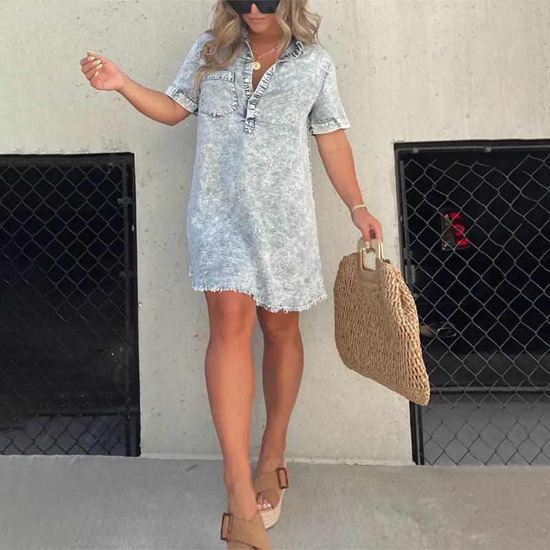 Midiross Ladies Washed Shirt Dress - Short Denim Half Sleeve Casual Wear with Shirt Collar Style