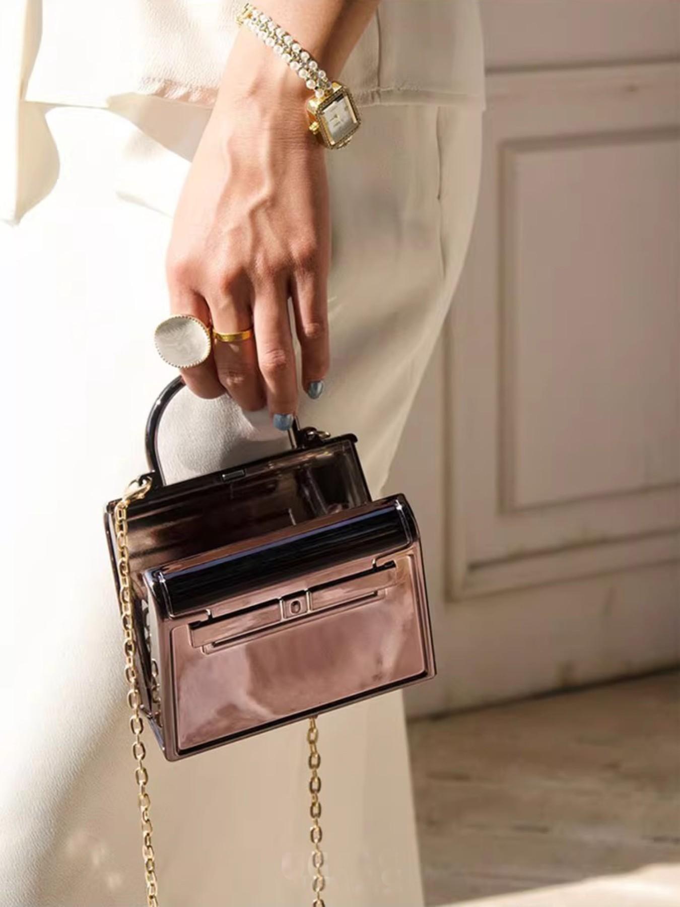 Spring Summer Glossy Acrylic Mini Bag, Kelly Platinum Small Square Bag, Party Handbag, Retro Lock Clutch, Lady Chain Wallet, Evening Box Bag