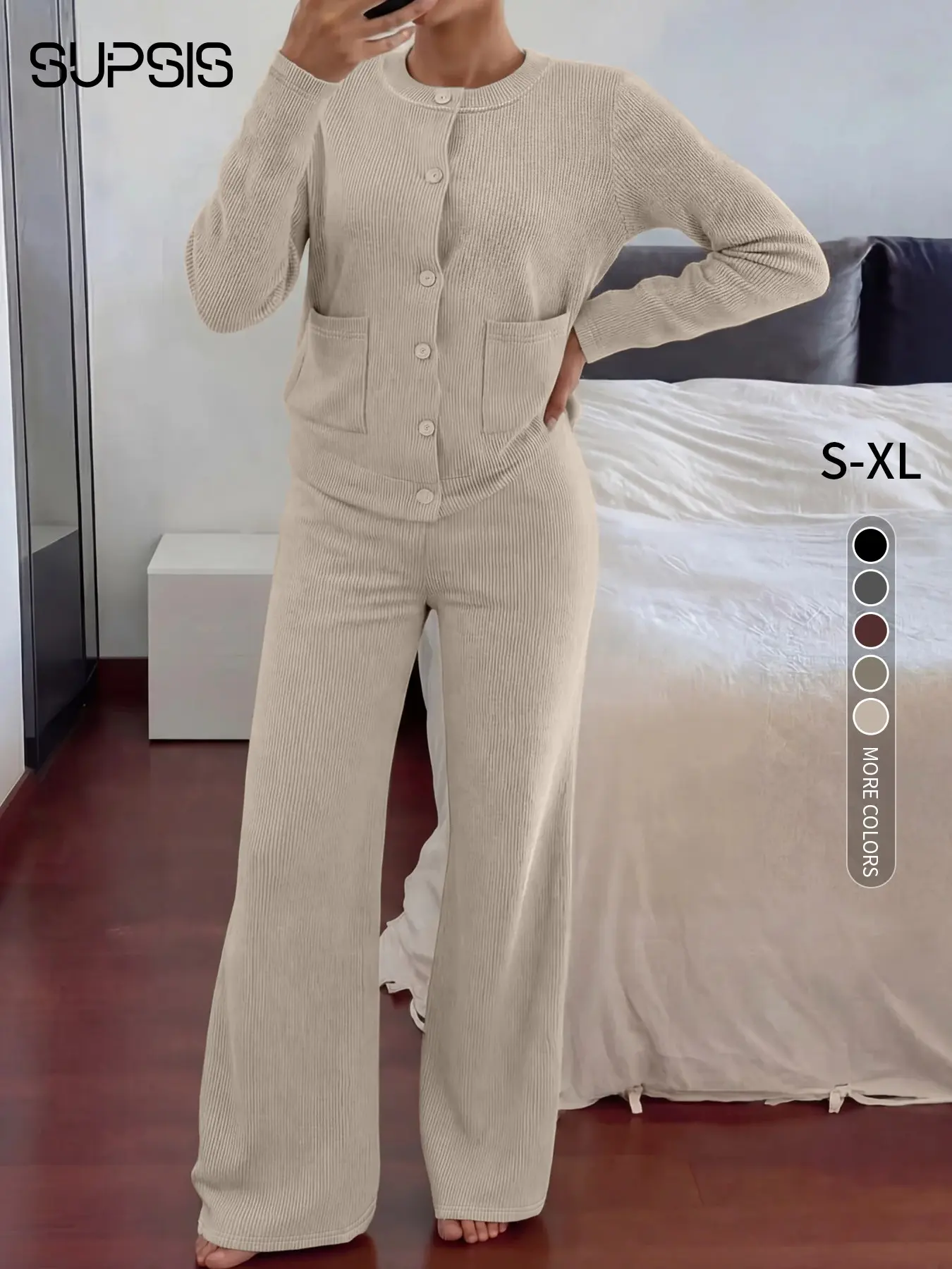 Women's Two-Piece Set, Clothes Set, Womenswear Comfortable Casual Fitted Round Neck Long Sleeve Knitted Sweater Setwith Pockets, High Waist Versatile Wide LegPants, Perfect for Daily Wear,Bliack Friday,