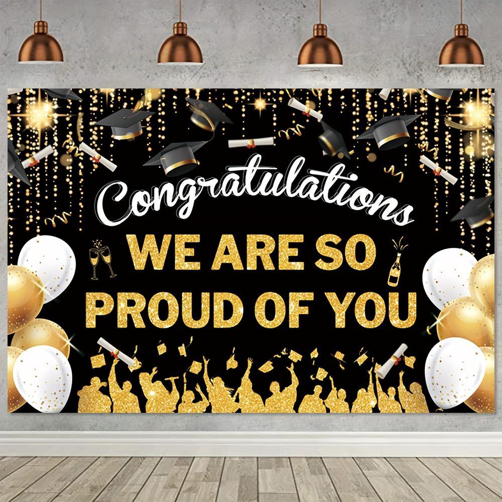 Graduation Party Backdrop Vinyl Banner - 5x3ft Black Bachelor Cap & Golden Balloon Design with "Congrats We Are So Proud of You" for Grad Photos, Prom Decor and Celebratory Events