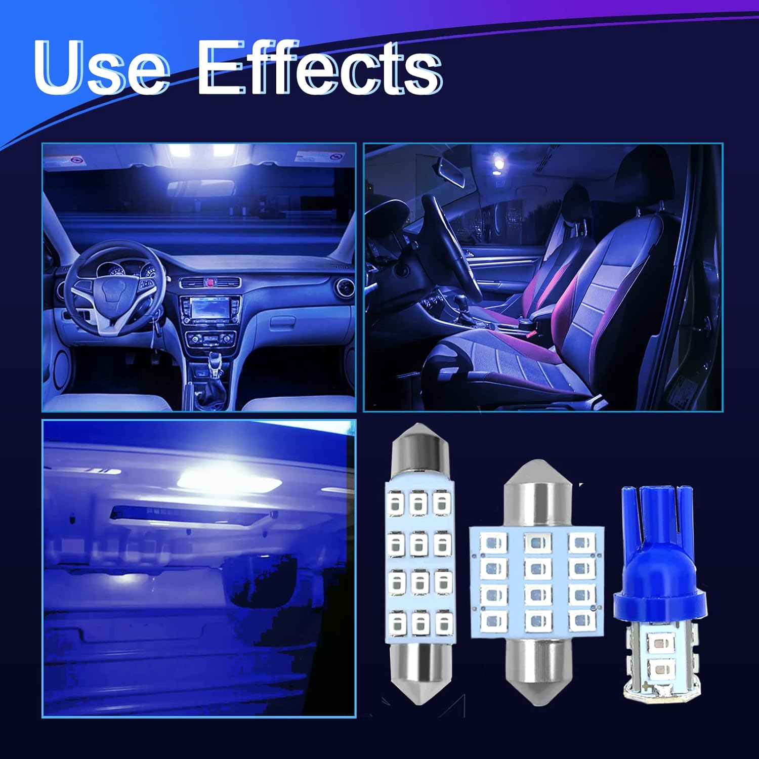 24PCS LED Interior Replacement Bulbs, Interior Car Lights, Dome Light LED Car Bulb Kit Set T10 31 mm 42 mm, Used for Map Dome Lights and License Plate Courtesy Lights Accessories (Blue)