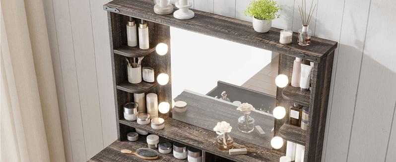 Vanity Desk with Mirror and Lights Farmhouse Makeup Vanity Desk with 10 Led Bulbs & Charging Station Vanity Table with 2 Drawers & Shelves 3 Color Modes Adjustable Brightness farmhouse  storage dressing  table