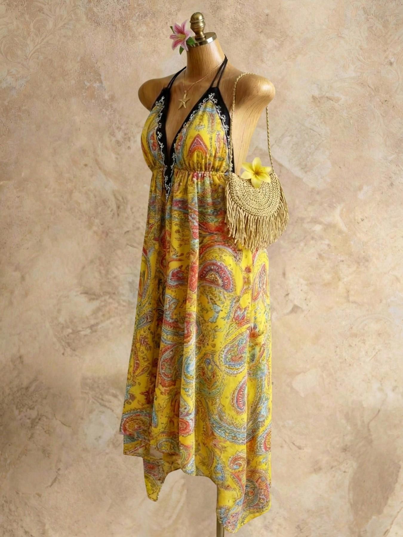 Women's Summer Boho Print Halter Long Dress, Deep V Backless Waist Cinch Sexy Dress, Perfect for Beach Vacation, Date, Daily Wear, Hiking, Boho Printed Dress