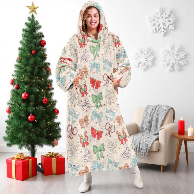 Christmas Bow Pattern Hooded Blanket, Cozy Hooded Blanket, Soft Flannel Throw for Sofa, Home Decor, Office Nap, Camping Travel Gift