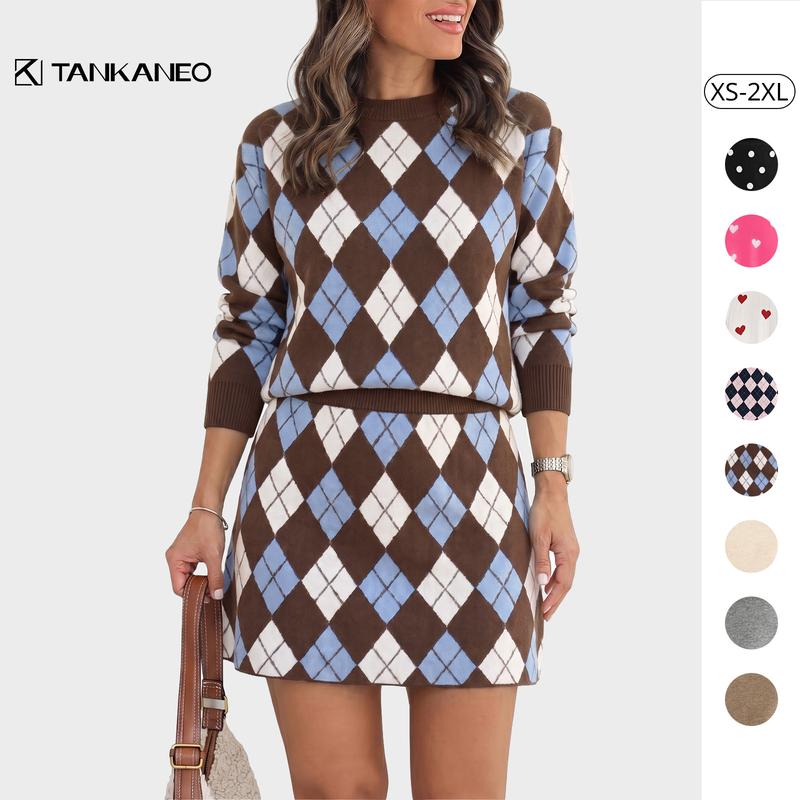 Tankaneo Women's 2-Piece Minimalist Knit Set - Crew Neck Long Sleeve Poly Blend Soft Pullover Sweater, Pleated Mini Skirt, Casual Fall Winter Machine Washable Women's Matching Clothing Sets, 2 Piece Sets Women, Matching Sets For Women