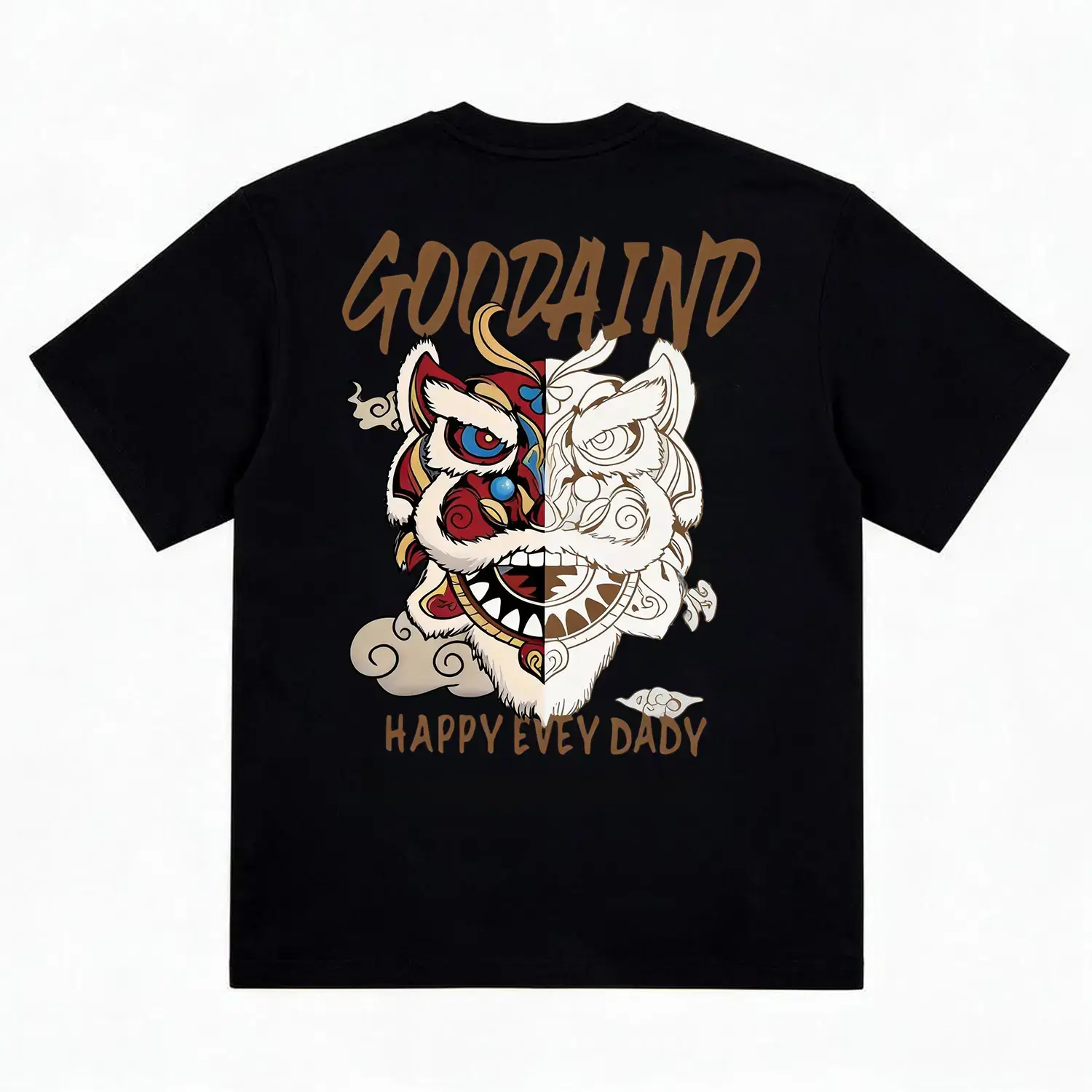 Unisex Vintage Graphic T-Shirt |       Trendy Streetwear Tee with Chinese Lion Dance Art |       Soft Cotton Casual Short Sleeve Top |       Men's Summer Graphic Shirt