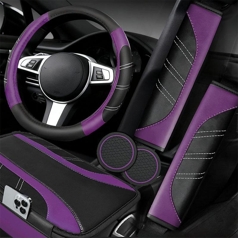 6Counts Car Interior Accessories Set: Sporty PU Leather Steering Wheel Cover (14.5-15 inch Universal), Microfiber PU Leather Car Console Cover, Seatbelt Pads, Cup Holder Pads. Suitable for Men and Women, All Seasons.